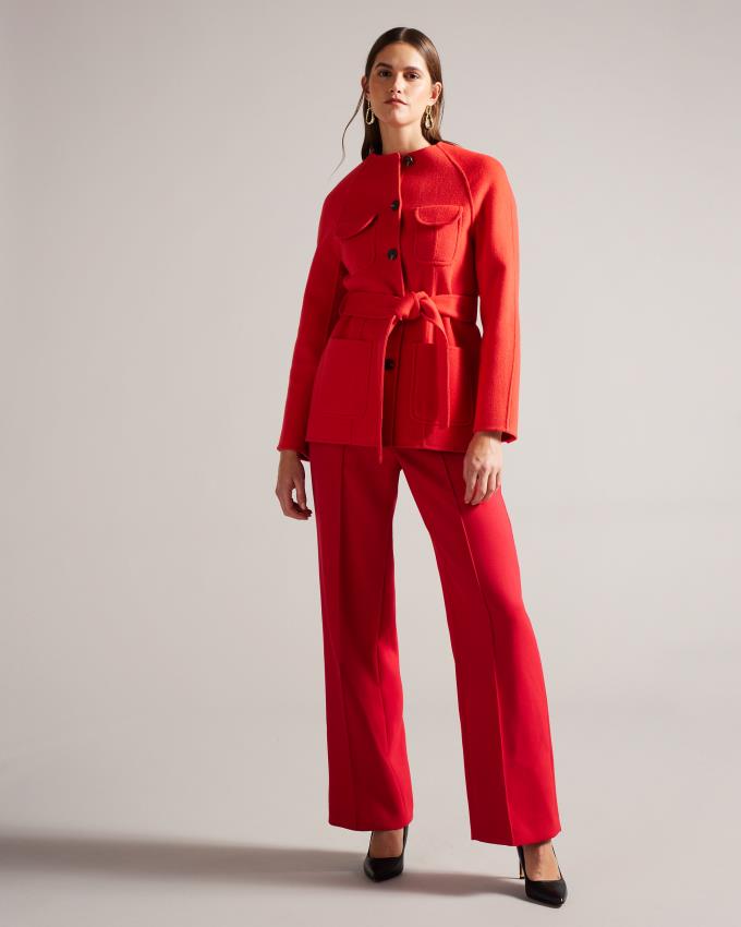 Manteau Ted Baker Round Neck Short With Waist Belt Rouge Femme | OKM-89707078